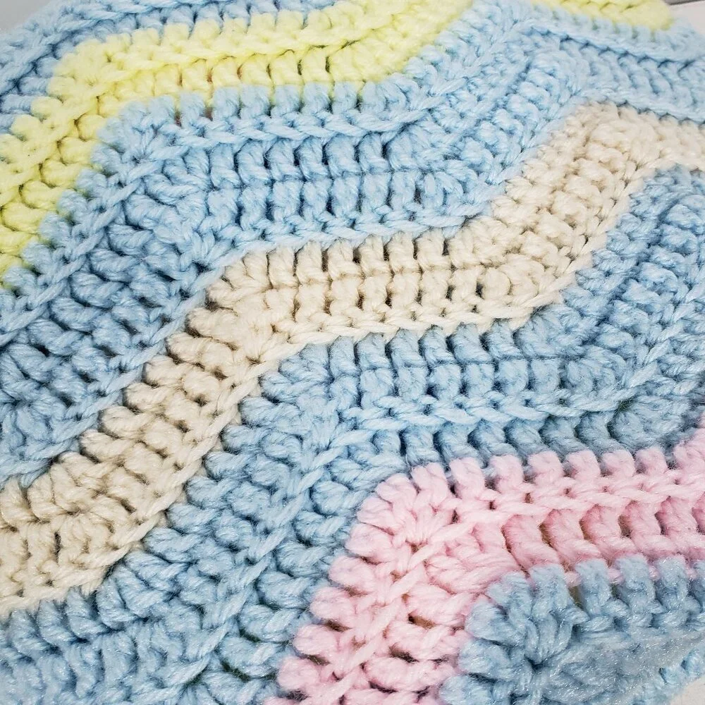 Handmade Pastel Chevron Pattern Crocheted Baby Blanket Blue Pink Yellow 43